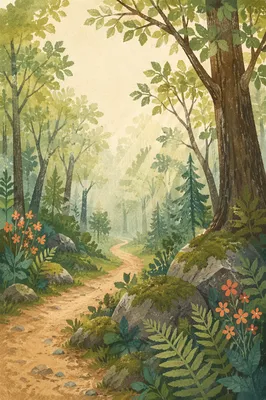 Misty Green Forest Path Background