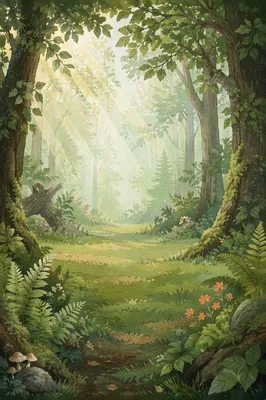 Misty Green Forest Morning Background