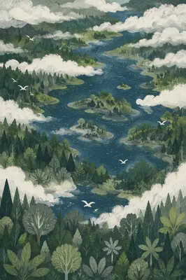 Aerial Green Forest and Winding Lakes