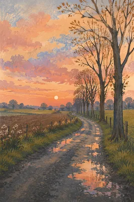 Rainy Country Road at Pastel Sunset