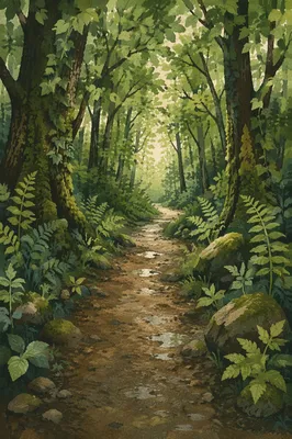 Peaceful Green Forest Path After Rain