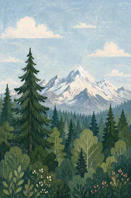 Serene Green Forest and Snowy Mountains