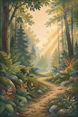Misty Green Forest Path Background
