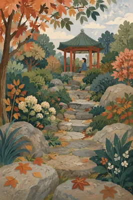 Autumn Garden Path Through Green Forest