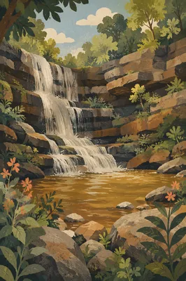 Peaceful Green Forest Waterfall Background