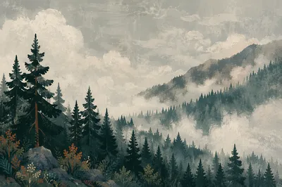 Misty Evergreen Forest Mountain Background