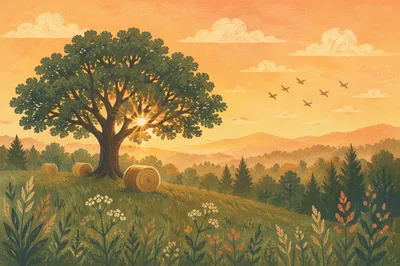 Peaceful Green Hillside Tree at Golden Hour