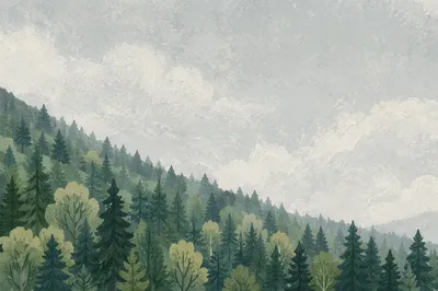 Misty Green Forest Mountain Background