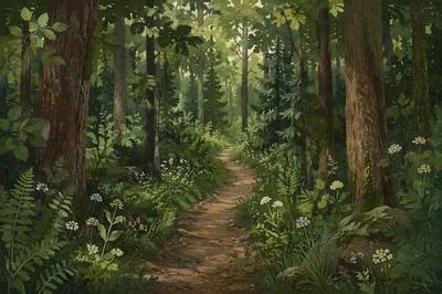 Quiet Green Forest Path Background