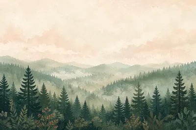 Misty Evergreen Forest Hills Background