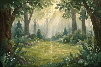 Misty Green Forest Clearing Background
