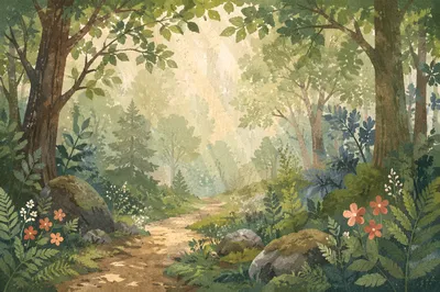Misty Green Forest Path Background
