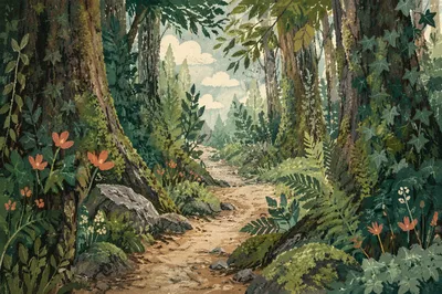 Peaceful Green Forest Path Background