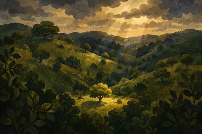 Sunlit Green Forest Hills Background