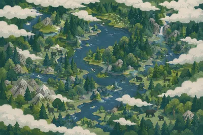 Aerial Green Forest and Winding Lakes