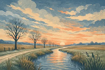 Dawn Stream Through Frosty Green Countryside