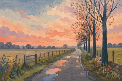 Rainy Country Road at Pastel Sunset