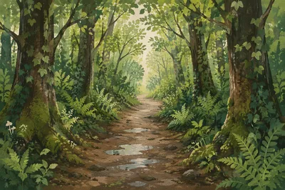 Peaceful Green Forest Path After Rain