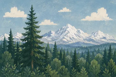 Serene Green Forest and Snowy Mountains