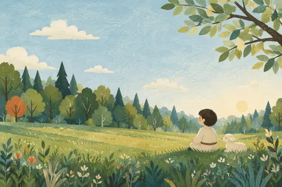 Peaceful Green Meadow and Forest Panorama
