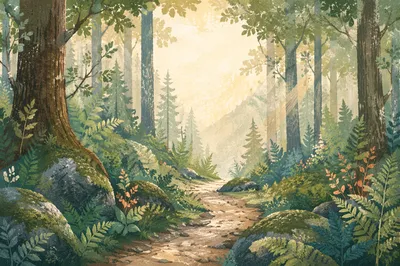 Misty Green Forest Path Background