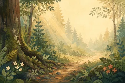 Misty Green Forest Clearing After Rain