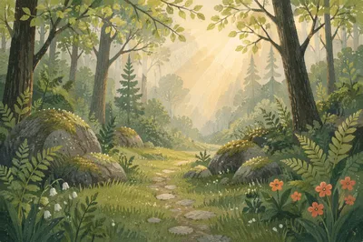 Peaceful Green Forest Path Background