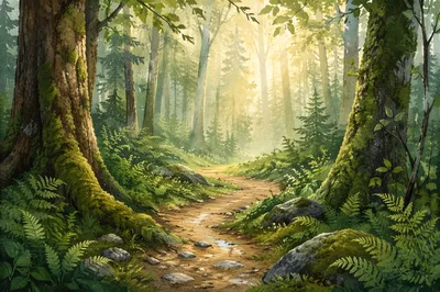 Misty Green Forest Path After Rain