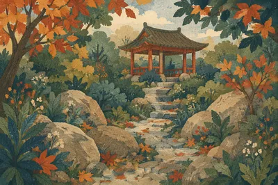 Autumn Garden Path Through Green Forest