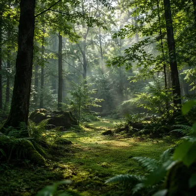 Misty Green Forest Clearing Background