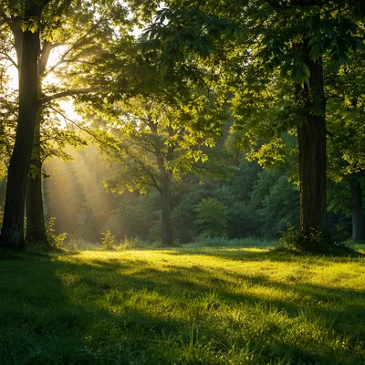 Peaceful Green Forest Clearing at Sunrise