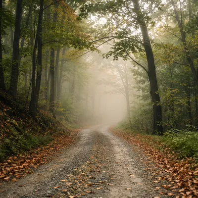 Misty Forest Road at Sunrise