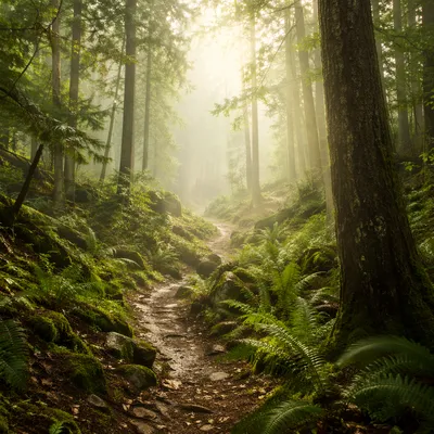 Misty Green Forest Path Background