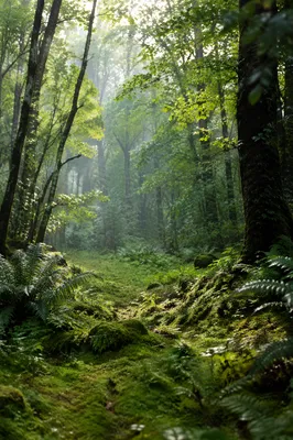 Misty Green Forest Morning Background
