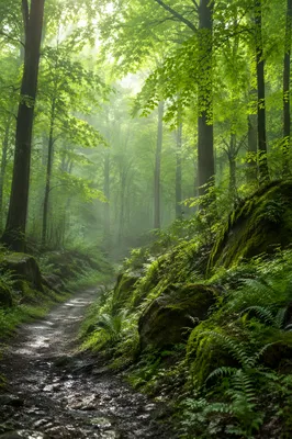 Misty Green Forest Path Background