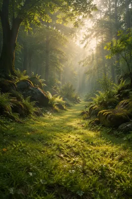 Serene Green Forest Path with Morning Light