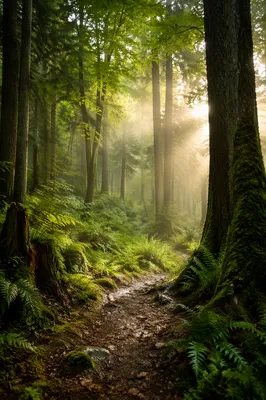 Peaceful Green Forest Path Background