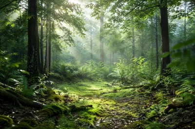 Misty Green Forest Morning Background