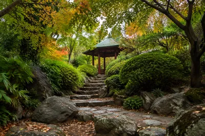 Lush Garden Path with Autumn Pavilion