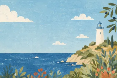 Calm Ocean Horizon with Lighthouse Sky
