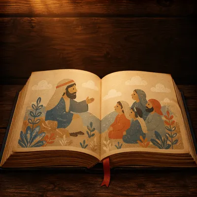 Open Devotional Book on Wooden Table