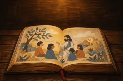 Open Devotional Book on Wooden Table