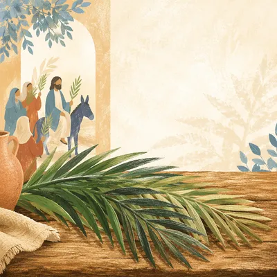 Green Palm Branches on Wooden Table