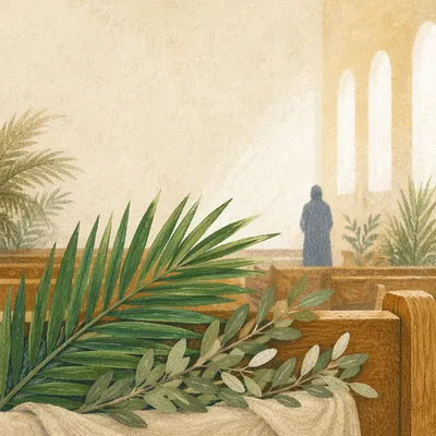 Palm Branches on Wooden Church Pew