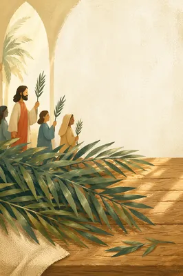 Green Palm Branches on Rustic Wooden Table