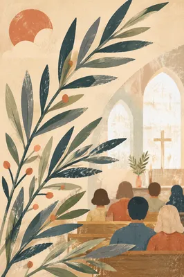 Green Palm Branches on Wooden Pew
