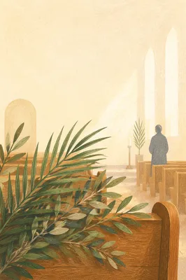 Green Palm Branches on Wooden Pew