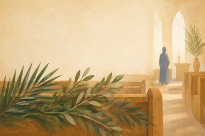 Palm Branches on Wooden Pew