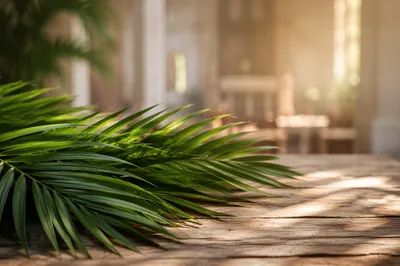 Fresh Palm Branches on Rustic Wooden Table