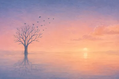 Pastel Dawn Tree Silhouette Over Still Water